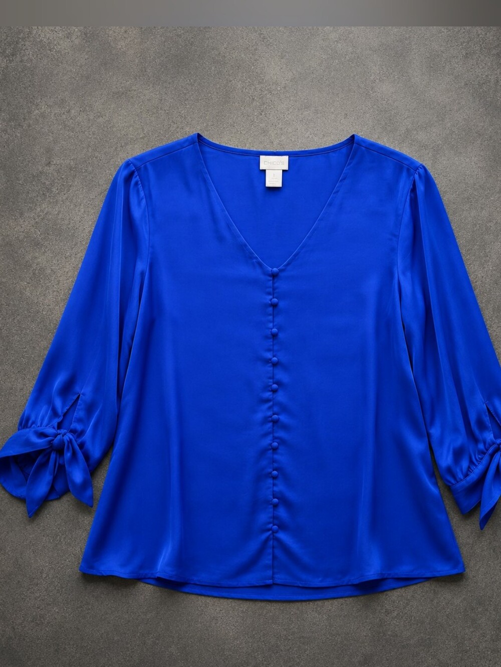 Chico's Women's Size 1 Royal Blue Silky Tie Sleeve Blouse Button Down Detail